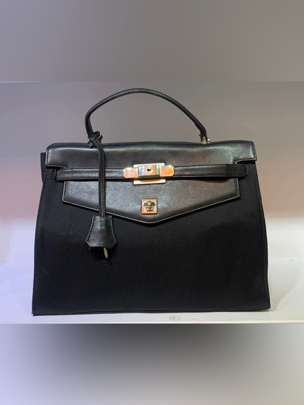 VERSACE Black Structured Satchel with Medusa Emblem MISSING STRAP